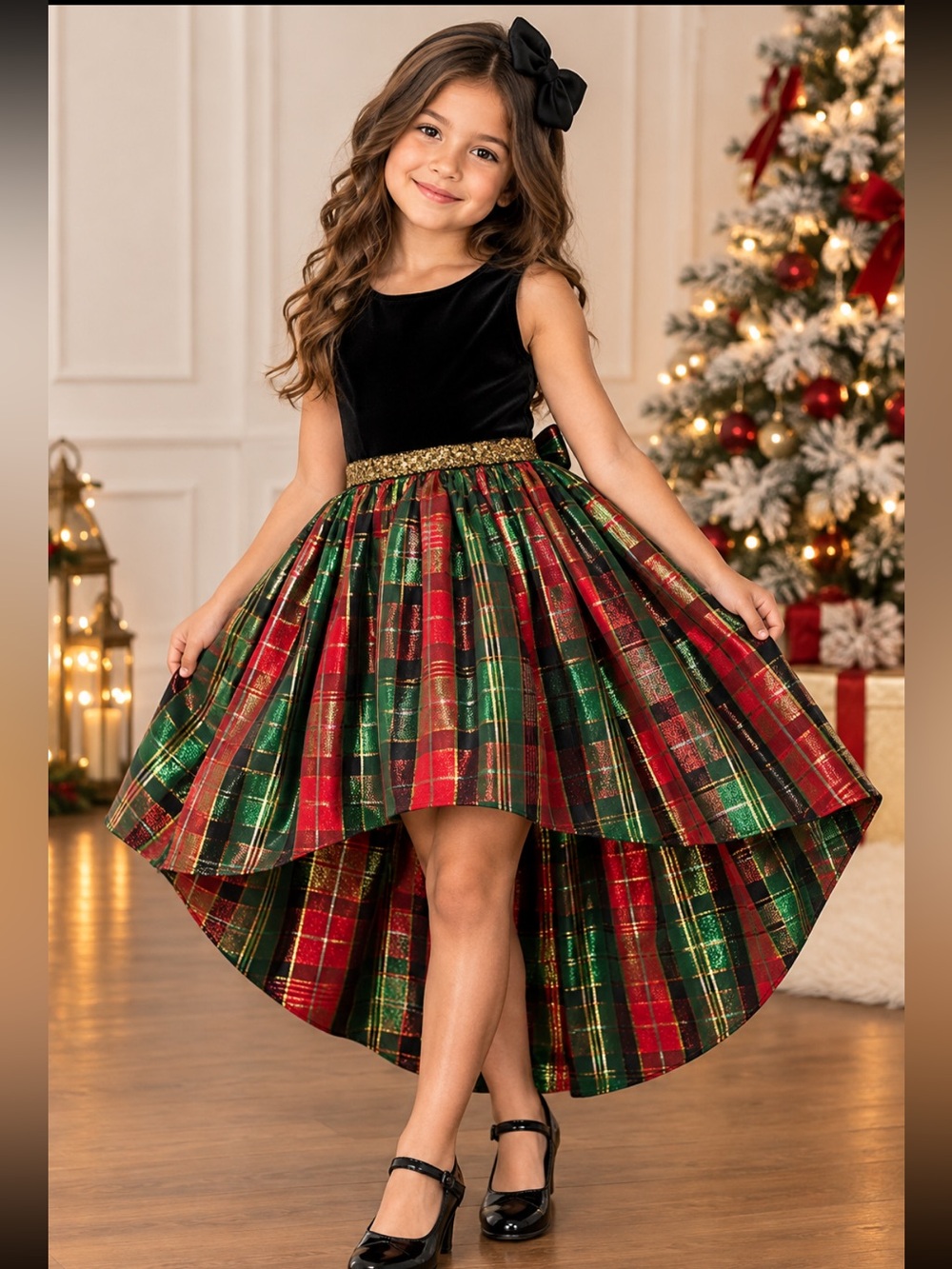 Bonnie Jean Red, Green & Gold Plaid High-Low Tiered Skirt